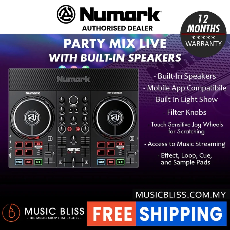 Numark Party Mix Live DJ Controller with Built-in Light Show & Speakers, DJ Set with 2 Decks, DJ Mixer, Audio Interface and USB Connectivity + Serato DJ Lite