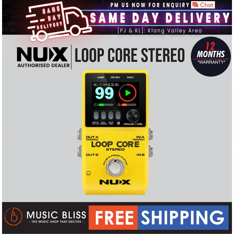 NUX Loop Core Stereo Effect Pedal Looper Built In Rhythm Tracks and MIDI Control