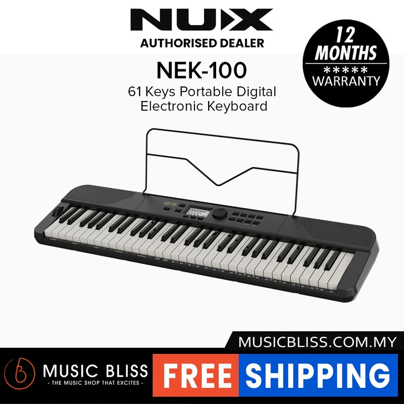 NUX NEK-100 61 Keys Portable Digital Electronic Keyboard with Touch Response and Bluetooth