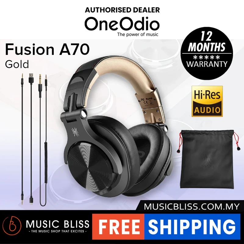 OneOdio A70 Fusion Bluetooth Over Ear Headphones, Studio DJ Headphones with Share-Port, Wired and Wireless Professional Monitor Recording Headphones with Stereo Sound for Electric Drum Piano Guitar AMP - Gold