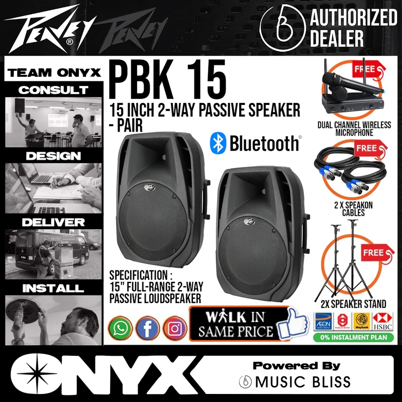 Peavey PBK15 15 inch 2-Way Passive Speaker with FREE Wireless Microphone, Speaker Stands and Cables - Pair