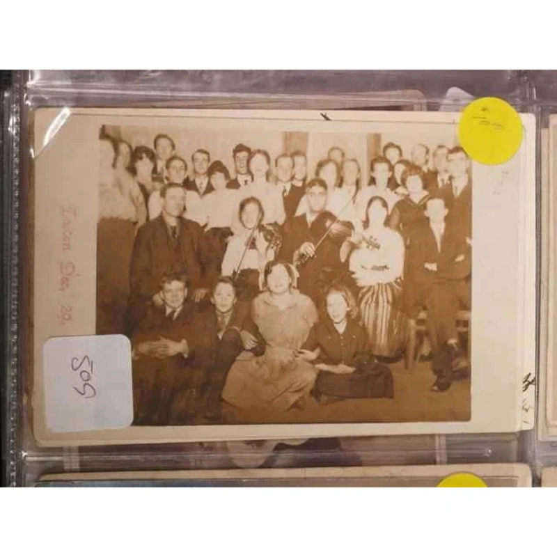 Postcard: Large Family Group with Two Fiddlers