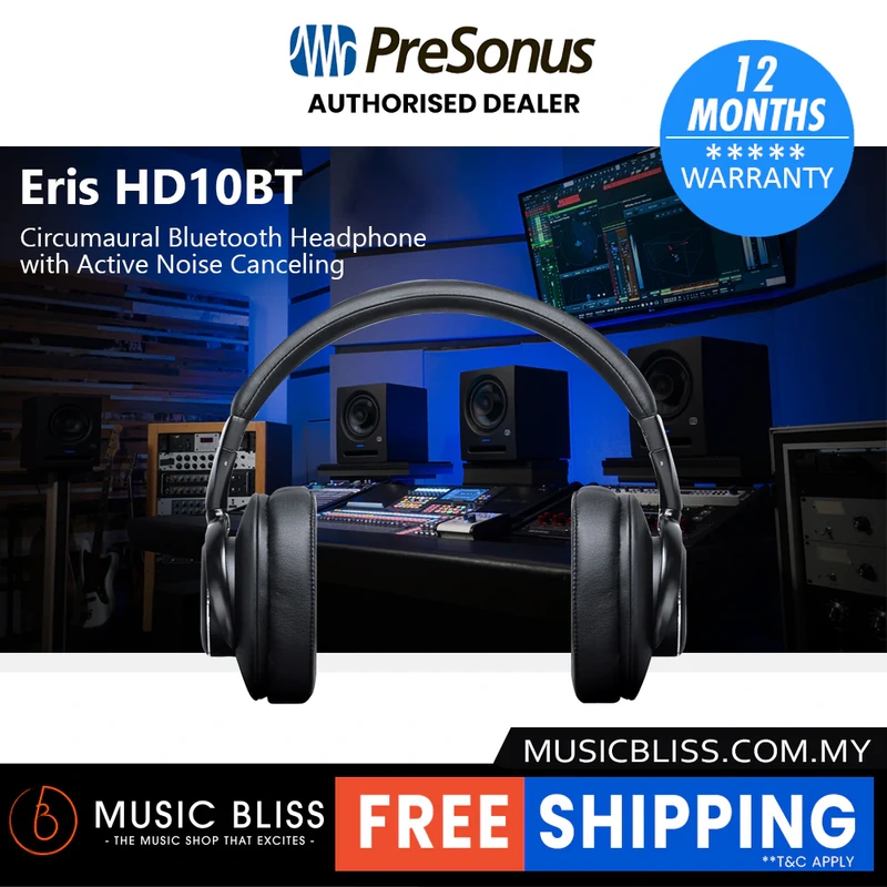 PreSonus Eris HD10BT Circumaural Bluetooth Headphone with Active Noise Canceling