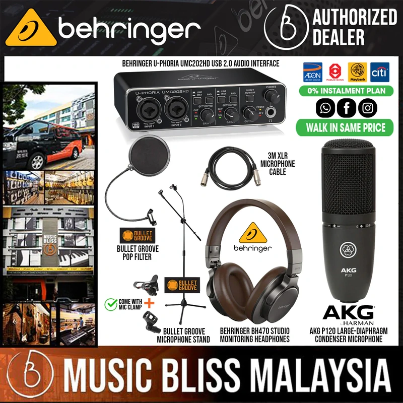 Recording Studio Set/Bundle: Behringer UMC202HD with AKG P120, Behringer BH470, Mic Cable, Mic Stand and Pop Filter