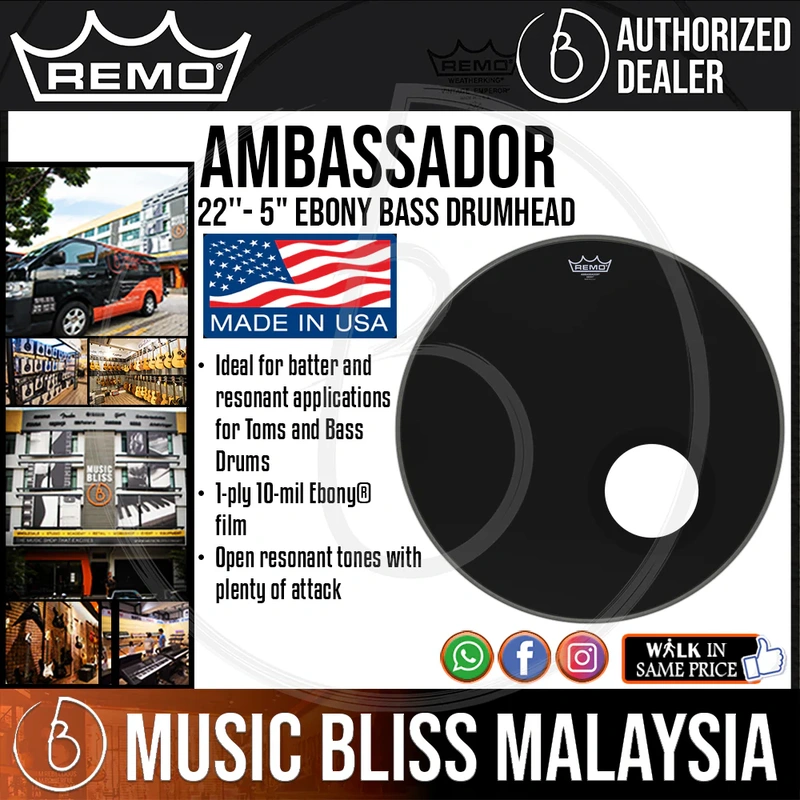 Remo Ambassador Ebony Bass Drumhead - 22'' - 5" Black Dynamo
