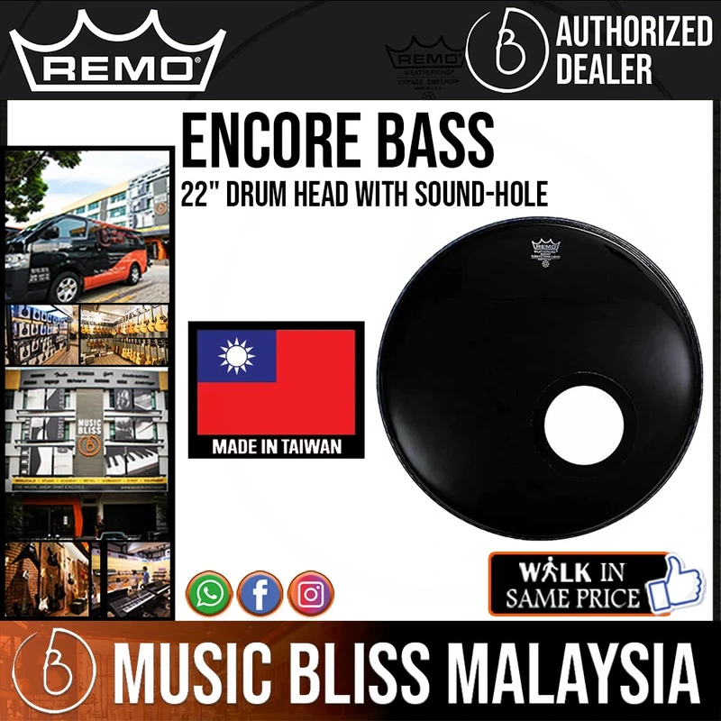 Remo Encore Bass Drum Head with Sound-Hole - 22" - Ebony