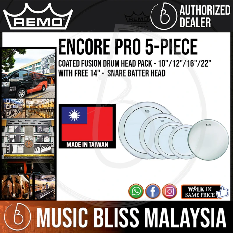 Remo Encore Pro 5-piece Coated Fusion Drum Head Pack - 10"/12"/16"/22" with Free 14" Snare Batter Head