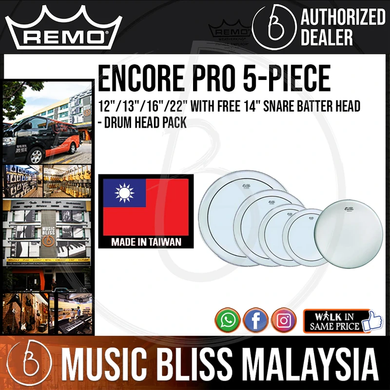 Remo Encore Pro 5-piece Drum Head Pack - 12"/13"/16"/22" with Free 14" Snare Batter Head