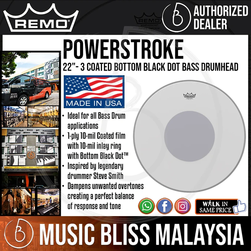 Remo Powerstroke 3 Coated Bottom Black Dot Bass Drumhead - 22''