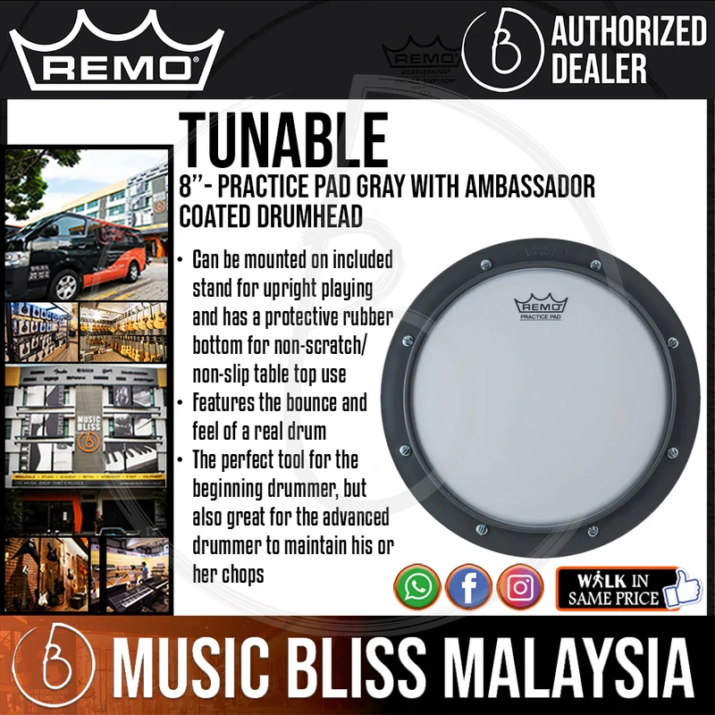 Remo Tunable Practice Pad Gray with Ambassador Coated Drumhead - 8"