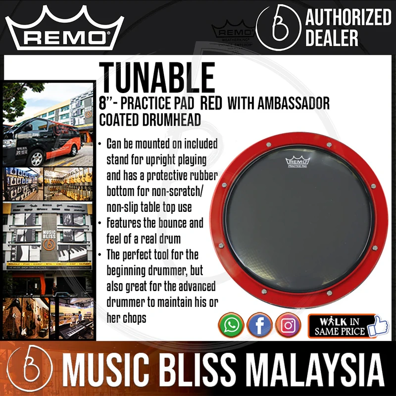 Remo Tunable Practice Pad Red with Ambassador Coated Drumhead - 8"