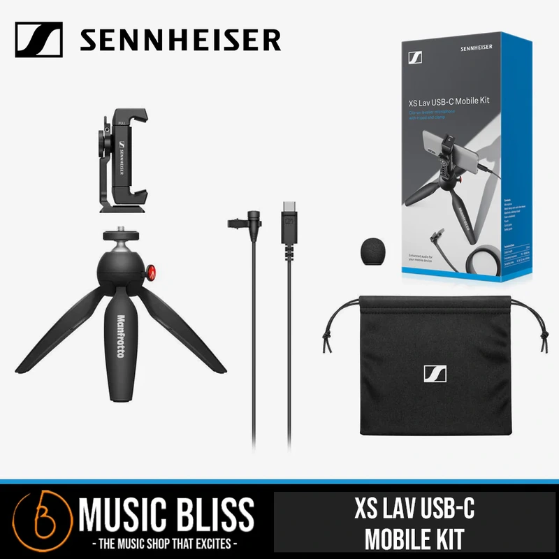 Sennheiser XS Lav USB-C Mobile Kit with Mic, Manfrotto Pixi Stand, Clamp with Cold-Shoe, Pouch & More
