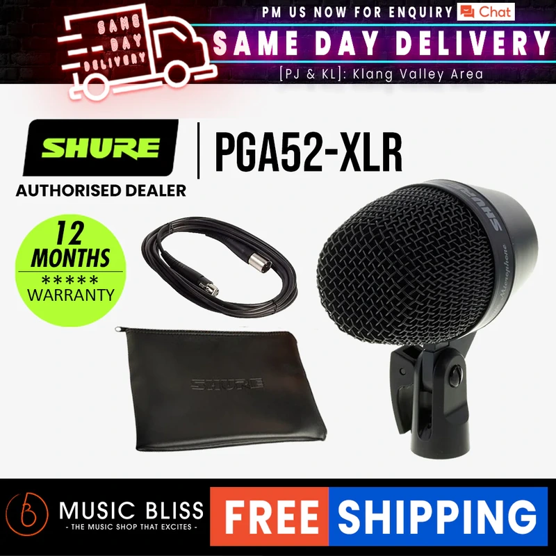 Shure PGA52-XLR Cardioid Dynamic Kick Drum Microphone, XLR-XLR Cable