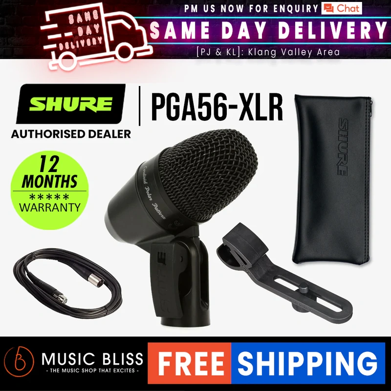Shure PGA56-XLR Cardioid Dynamic Snare/Tom Microphone, XLR-XLR Cable
