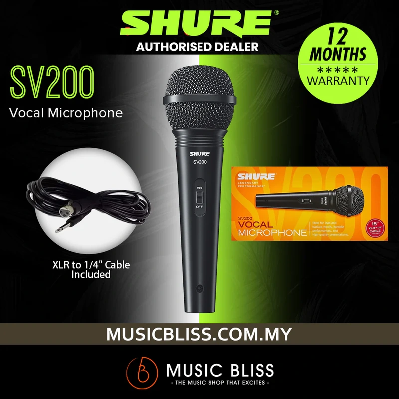 Shure SV200 Dynamic Vocal Microphone with XLR to QTR Cable, 6.3 mm
