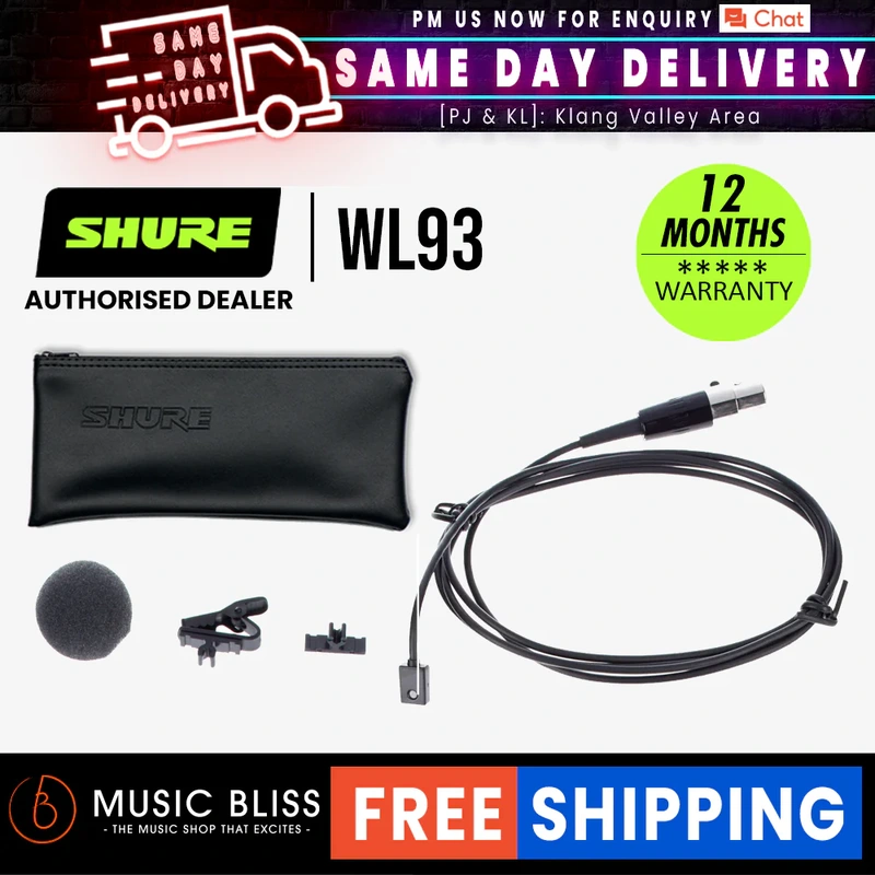 Shure WL93 Omnidirectional Lavalier Condenser Microphone for Wireless Systems, with 4ft Cable, Black