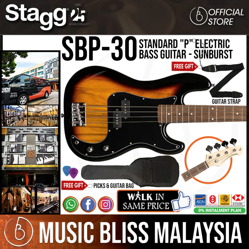 Stagg SBP-30 SNB Standard "P" Electric Bass Guitar - Sunburst