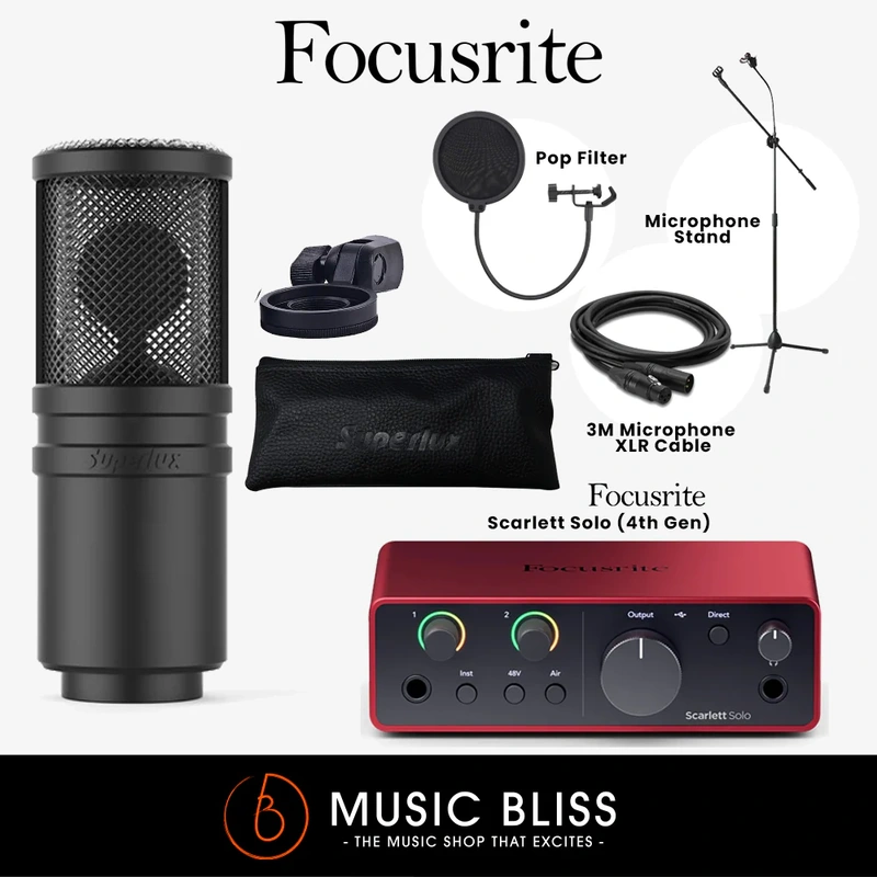 Superlux E205 XLR Studio Condenser Microphone with Focusrite Scarlett Solo (4th Gen), Mic Stand, Pop Filter and XLR Cable