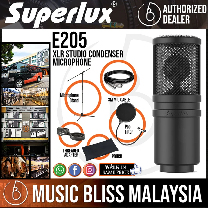Superlux E205 XLR Studio Condenser Microphone with Mic Stand, Pop Filter and 3m Cable