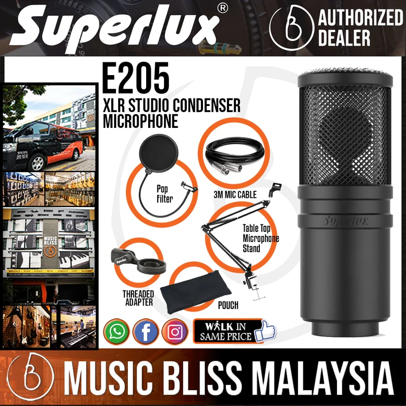 Superlux E205 XLR Studio Condenser Microphone with Pop Filter, Mic Holder and 3m Cable