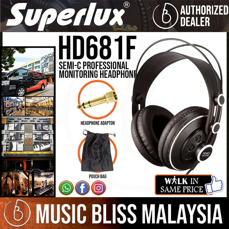 Superlux HD681F Semi-C Professional Monitoring Headphone, Flat Extended