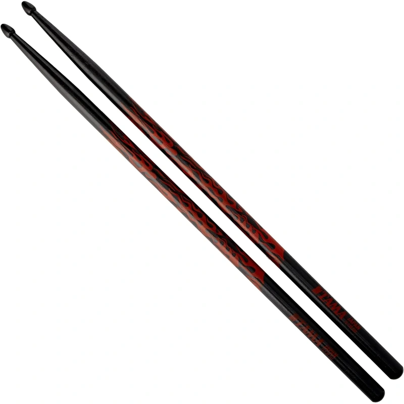 Tama 7A-F-BR Rhythmic Fire Series 7A Japanese Oak Drumsticks, Black Red Pattern