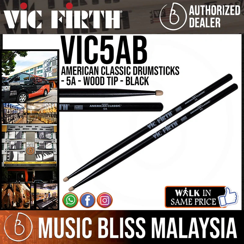 Vic Firth American Classic Drumsticks - 5A - Wood Tip - Black