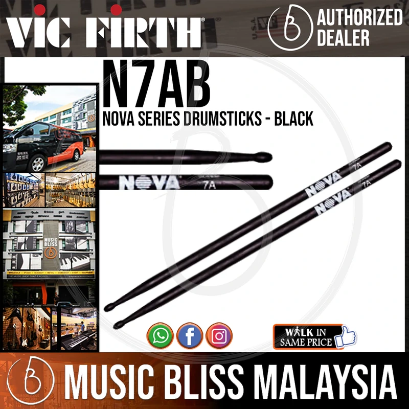 Vic Firth Nova Series USA Hickory Drumsticks - 7A - Wood Tip - Black