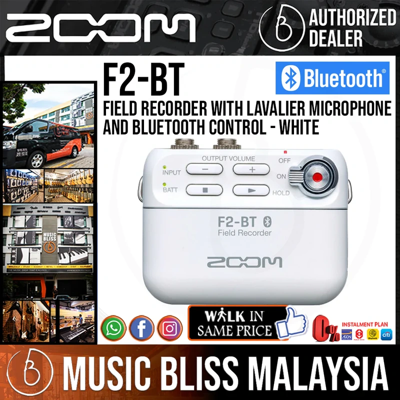 Zoom F2-BT Field Recorder with Lavalier Microphone and Bluetooth Control - White