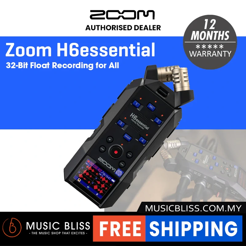 Zoom H6essential (2024 Model, Essential Series) with 32-Bit Float, Accessibility, 6-Track Recorder, Stereo Microphones, 4 XLR/TRS Inputs, USB Audio Interface, for Musicians, Podcasters, & Filmmakers